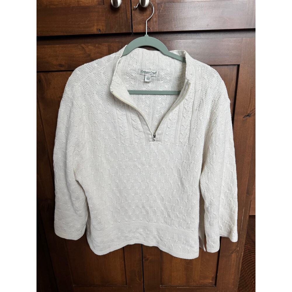 Coldwater Creek Women’s Large White Cable Knit Quarter Zip Sweater Wide Sleeve